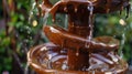 Thick glossy ribbons of chocolate wrapping around each other as they flow down the sides of the fountain creating an