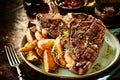 Thick juicy T-bone steak with spicy potato wedges Royalty Free Stock Photo