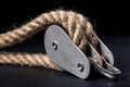 Thick jute rope wrapped on rollers in a sailing pulley. Accessories used on yachts for sailing in the sea Royalty Free Stock Photo