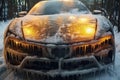 thick layer of ice covering car headlights and grille Royalty Free Stock Photo