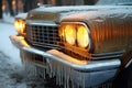 thick layer of ice covering car headlights and grille Royalty Free Stock Photo