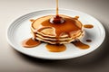 Thick maple syrup pouring onto a stack of fresh pancakes. Pancakes with syrup. Generative AI. Royalty Free Stock Photo