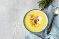Thick milky chowder soup with seafood served with sour cream, thyme and pepper.