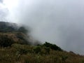 Thick mist storm pass the mountain in winter season.