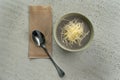 Thick mushroom cream soup with grated cheese.