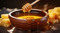 Thick Organic Honey from a Wooden Spoon. Honey Drizzle in a Wooden Bowl. Generative AI Royalty Free Stock Photo