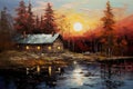 thick paint painting, capturing the charm of a wooden cabin nestled in a rustic landscape.