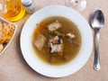 Thick pearl barley mushroom soup with pork and vegetables Royalty Free Stock Photo