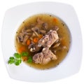 Thick pearl barley mushroom soup with pork and vegetables Royalty Free Stock Photo