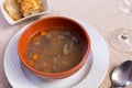 Thick pearl barley mushroom soup with pork and vegetables Royalty Free Stock Photo