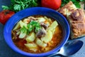 Thick potato soup with meat