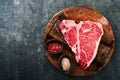 Thick Raw T-Bone Steak. Dry-aged Raw T-bone or porterhouse beef meat Steak on cutting boar with herbs and salt on dark backgro Royalty Free Stock Photo