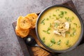 Thick rich cream soup of artichokes, potatoes, leeks and garlic served with toasted bread close-up in a bowl. Horizontal top view Royalty Free Stock Photo