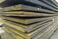 thick rusty hot rolled steel sheets stack corner, close-up Royalty Free Stock Photo