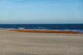 Thick rusty pipeline on a sandy beach near a deep blue ocean Royalty Free Stock Photo