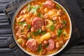 Thick sauerkraut soup with borlotti beans, potatoes and sausages close-up in a bowl. horizontal top view