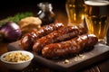 thick sausages with visible grill marks dabbed with beer and onion sauce