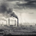 Thick smoke belching from factory chimneys. Plumes of smoke, an industrial area with environmental contamination concept Royalty Free Stock Photo