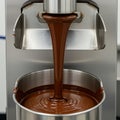 Thick, smooth molten chocolate flows from a stainless steel machine into a metal Royalty Free Stock Photo