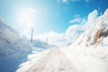 thick snow on either side of a plowed mountain road Royalty Free Stock Photo