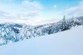 Thick snow layer in mountain, beautiful landscape. Nature in winter