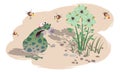 A thick spotted toad suffers from indigestion from gluttony. Vector illustration on a colored background