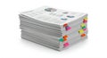 A thick stack of printed papers, each page featuring colorful pie and bar charts. Titled Royalty Free Stock Photo