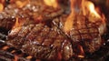 Thick steaks sizzling on a hot grill, flames licking the meat, creating a charred crust and juicy interior