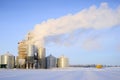 Thick steam from the pipes of a grain drying plant