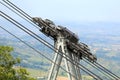 Thick steel cables and pulleys for the cableway