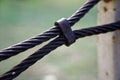 Thick steel rope close up. Bridge fence element. Detailed view. The surface of the steel cable is covered with rust. Royalty Free Stock Photo