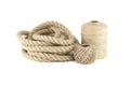 Thick strong jute rope and twine spools on white Royalty Free Stock Photo