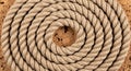Thick, tightly coiled rope arranged in a circular pattern on a cracked, dry earth surface. Royalty Free Stock Photo