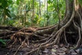 thick tree roots entrenched in the jungle floor