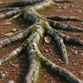 Thick tree roots spread across a reddish brown textured ground Royalty Free Stock Photo