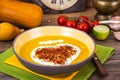 Thick vegetable soup with yoghurt and saffron