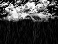 Thick white clouds and falling rain on black background illustration. Weather forecast, cloudy sky, rainy weather, torrential rain