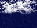 Thick white clouds and falling rain on blue background illustration. Weather forecast, cloudy sky, rainy weather, torrential rain