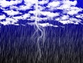 Thick white clouds, falling torrential heavy rain and lightning on blue background illustration. Weather forecast, cloudy sky.