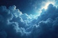 Thick white clouds fill the deep blue sky. Stars twinkle above bright sunlight breaking through the dense cloudscape. Cosmic Royalty Free Stock Photo