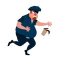 A fat policeman runs and drops coffee