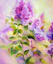 Thickets of lilac bush at sunrise. Oil painting Royalty Free Stock Photo