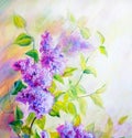 Thickets of lilac bush at sunrise. Oil painting Royalty Free Stock Photo