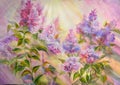 Thickets of lilac bush at sunrise. Oil painting