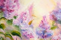 Thickets of lilac bush at sunrise. Oil painting Royalty Free Stock Photo