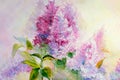 Thickets of lilac bush at sunrise. Oil painting Royalty Free Stock Photo