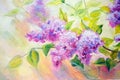 Thickets of lilac bush at sunrise. Oil painting Royalty Free Stock Photo