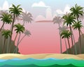 Thickets of mature palms. Landscape seashore. Sand beach near water. Coastal waves. Red evening sunset. Cartoon fun