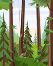 Thickets. Tree trunks. Young and adult christmas trees. Beautiful pine forest. Wild floral landscape. Illustration in