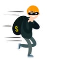 Thief with bag of money. Problem of urban economic security. Cartoon flat illustration. Bank robbery